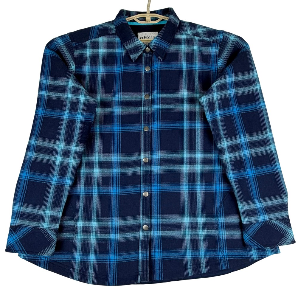 Orvis Flannel Shirt Jacket Women XXL Blue Navy Plaid Fleece Lined Snap Front